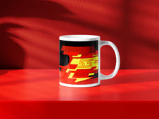 Carlos Sainz F1 helmet mug design in a minimalist style, featuring a red background with red and black graphics with 55 livery inspired by his Ferarri 2024 Formula 1 helmet.