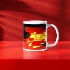Carlos Sainz F1 helmet mug design in a minimalist style, featuring a red background with red and black graphics with 55 livery inspired by his Ferarri 2024 Formula 1 helmet.