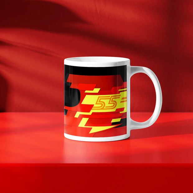Carlos Sainz F1 helmet mug design in a minimalist style, featuring a red background with red and black graphics with 55 livery inspired by his Ferarri 2024 Formula 1 helmet.