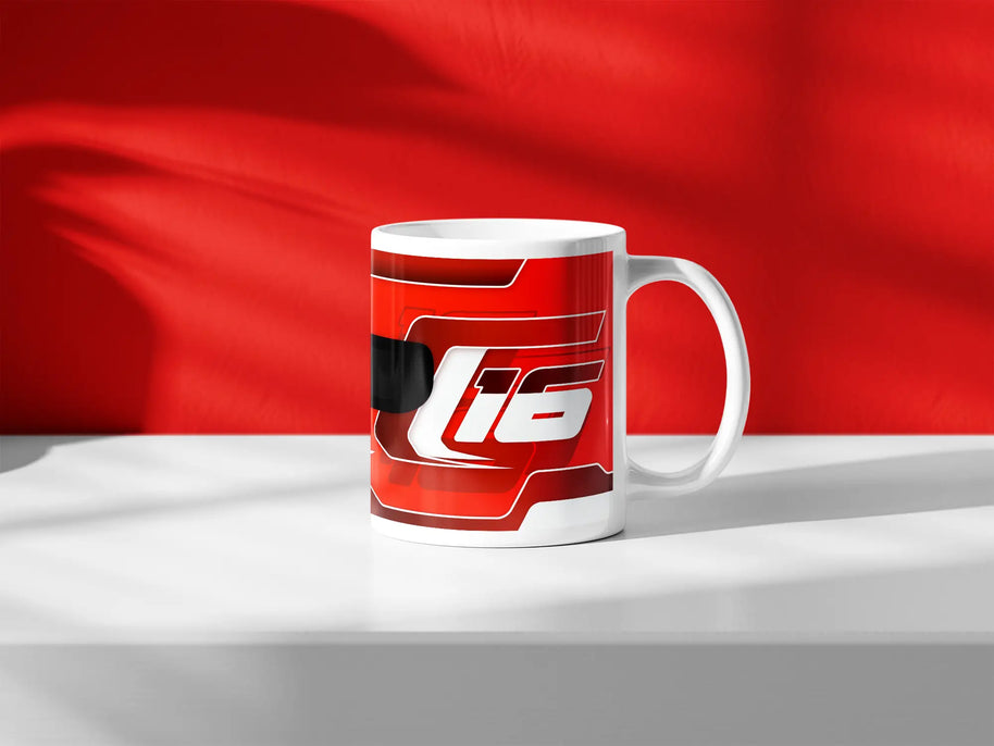 Charles Leclerc F1 helmet mug design in a minimalist style, featuring a red and white background with red and white livery with 16 graphics, inspired by his Ferrari 2024 Formula 1 helmet.