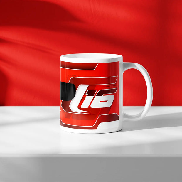 Charles Leclerc F1 helmet mug design in a minimalist style, featuring a red and white background with red and white livery with 16 graphics, inspired by his Ferrari 2024 Formula 1 helmet.