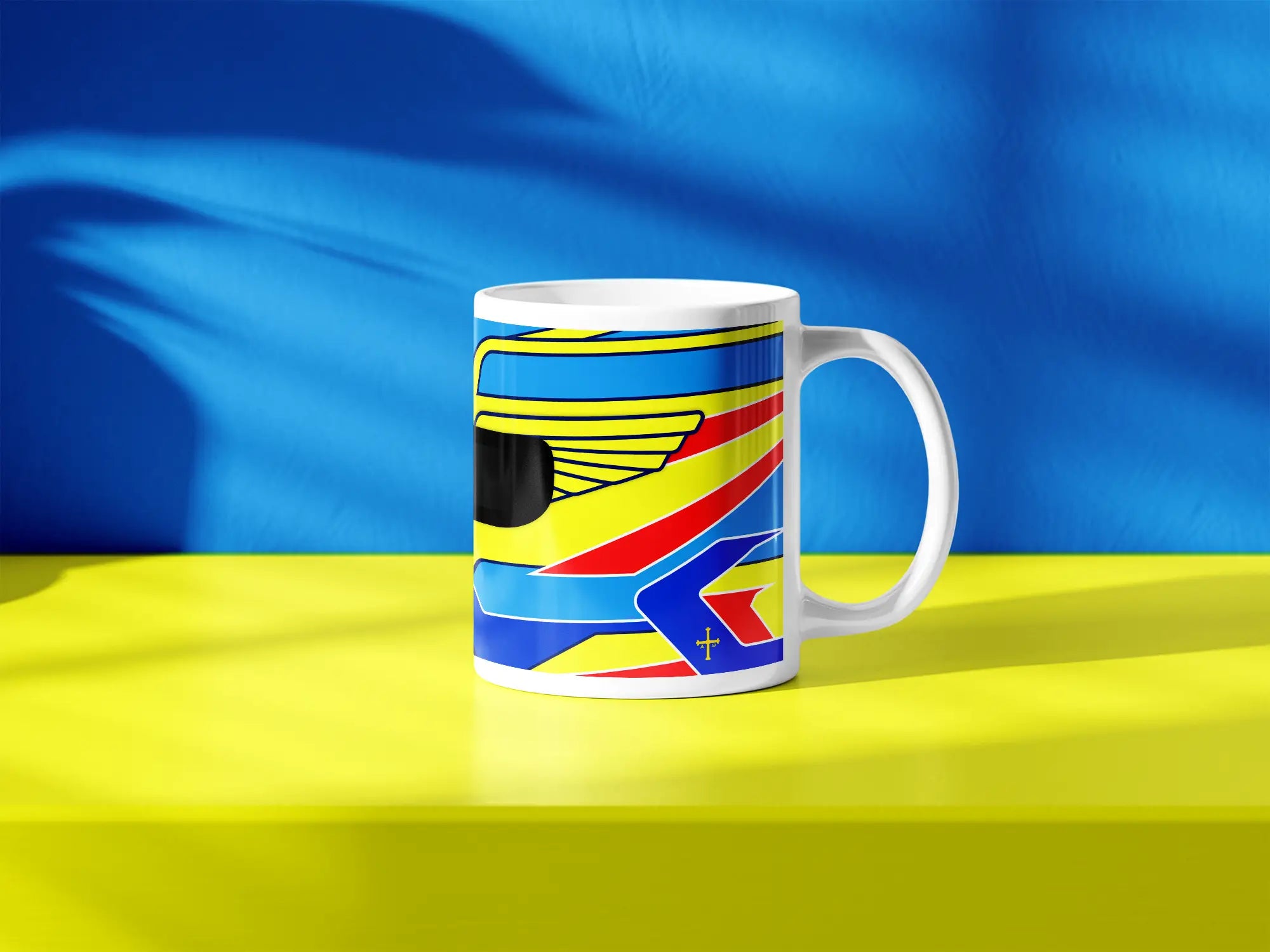 Fernando Alonso F1 helmet mug design in a minimalist style, featuring a blue and yellow background with blue, yellow and red livery with wing graphics, inspired by his Aston Martin 2024 Formula 1 helmet.