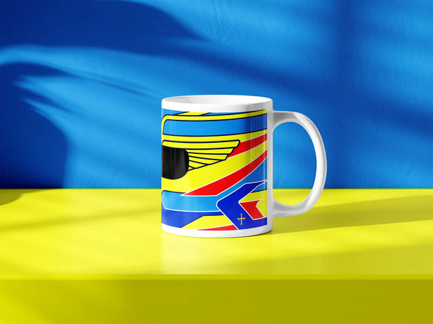 Fernando Alonso F1 helmet mug design in a minimalist style, featuring a blue and yellow background with blue, yellow and red livery with wing graphics, inspired by his Aston Martin 2024 Formula 1 helmet.