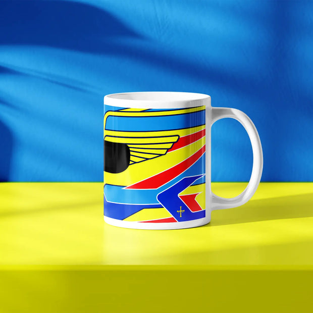 Fernando Alonso F1 helmet mug design in a minimalist style, featuring a blue and yellow background with blue, yellow and red livery with wing graphics, inspired by his Aston Martin 2024 Formula 1 helmet.
