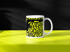 Lando Norris F1 helmet mug design in a minimalist style, featuring a black and yellow background with black livery with LN graphics, inspired by his McLaren 2024 Formula 1 helmet.