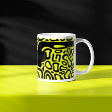 Lando Norris F1 helmet mug design in a minimalist style, featuring a black and yellow background with black livery with LN graphics, inspired by his McLaren 2024 Formula 1 helmet.