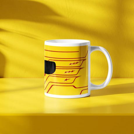 Lewis Hamilton F1 helmet mug design in a minimalist style, featuring a yellow background with red detailing and star graphics, inspired by his Ferarri 2025 Formula 1 helmet.
