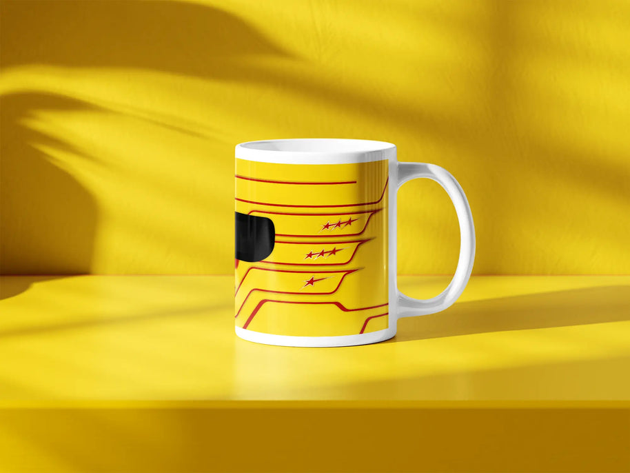 Lewis Hamilton F1 helmet mug design in a minimalist style, featuring a yellow background with red detailing and star graphics, inspired by his Ferarri 2025 Formula 1 helmet.