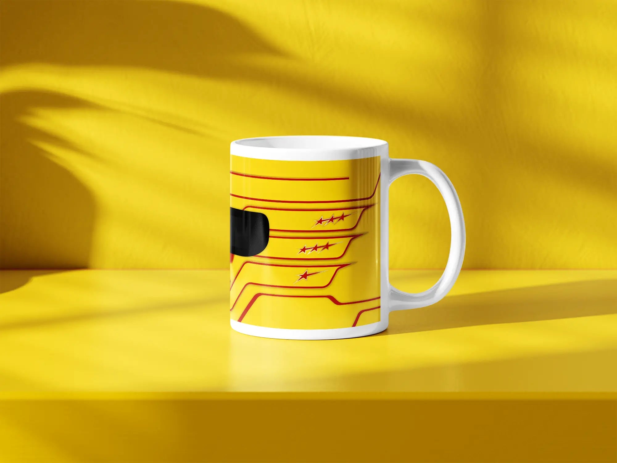 Lewis Hamilton F1 helmet mug design in a minimalist style, featuring a yellow background with red detailing and star graphics, inspired by his Ferarri 2025 Formula 1 helmet.