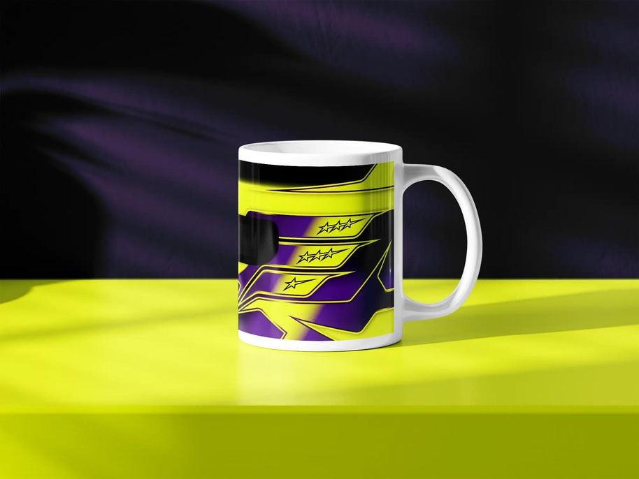 Lewis Hamilton F1 helmet mug design in a minimalist style, featuring a purple and yellow background with purple and yellow livery with star graphics, inspired by his Mercedes 2024 Formula 1 helmet.