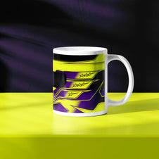 Lewis Hamilton F1 helmet mug design in a minimalist style, featuring a purple and yellow background with purple and yellow livery with star graphics, inspired by his Mercedes 2024 Formula 1 helmet.