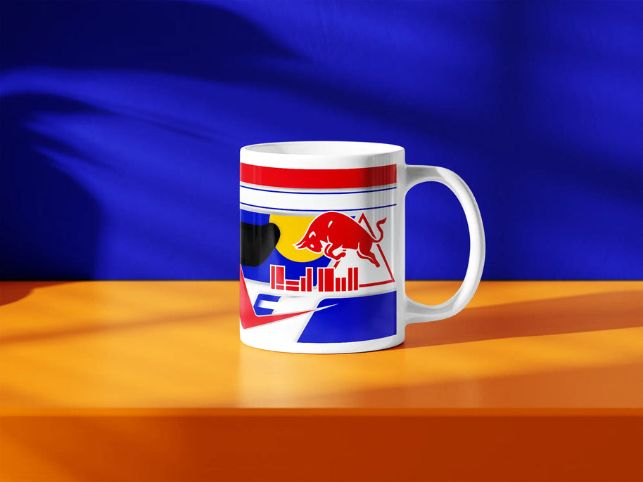 Max Verstappen F1 helmet mug design in a minimalist style, featuring a blue and orange background with blue, yellow and red livery with bull graphics, inspired by his Red Bull 2024 Formula 1 helmet.