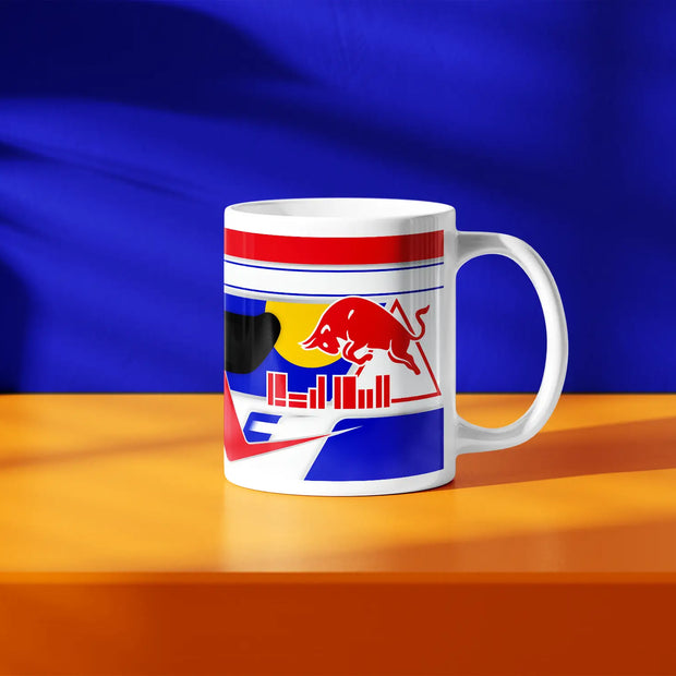 Max Verstappen F1 helmet mug design in a minimalist style, featuring a blue and orange background with blue, yellow and red livery with bull graphics, inspired by his Red Bull 2024 Formula 1 helmet.