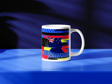 Oscar Piastri F1 helmet mug design in a minimalist style, featuring a blue background with blue, yellow and red livery with Australian flag graphics, inspired by his McLaren 2024 Formula 1 helmet.