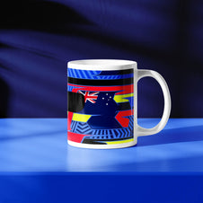 Oscar Piastri F1 helmet mug design in a minimalist style, featuring a blue background with blue, yellow and red livery with Australian flag graphics, inspired by his McLaren 2024 Formula 1 helmet.