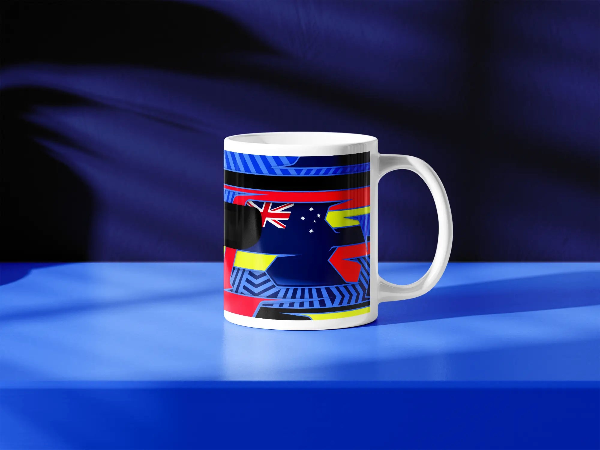 Oscar Piastri F1 helmet mug design in a minimalist style, featuring a blue background with blue, yellow and red livery with Australian flag graphics, inspired by his McLaren 2024 Formula 1 helmet.